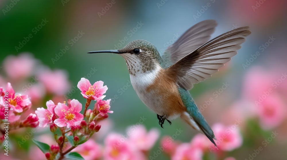 Fototapeta premium Hummingbird soars near pink blossoms