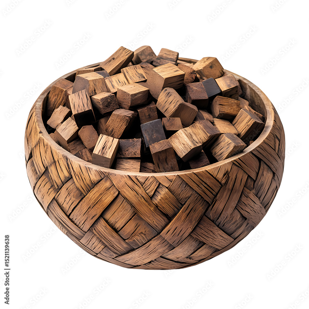 Obraz premium Oak Wood Cubes in a Woven Bowl A Rustic Composition isolated on transparent background