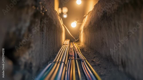Underground trench with various colorful electric cables and wires bundled together for installation and maintenance concept footage.