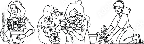 nature garden woman planting flowers vector