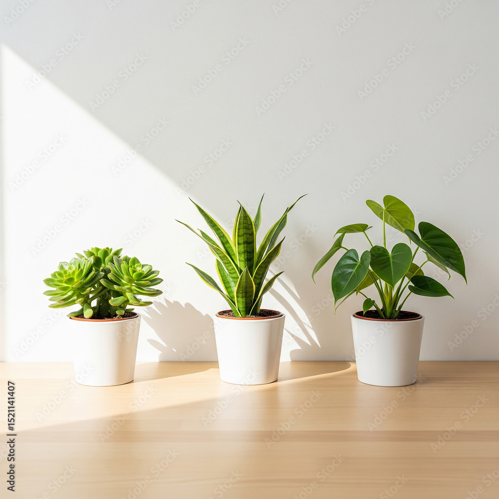 Fototapeta premium Three potted plants on a light wooden surface