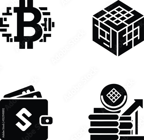 Cryptocurrency & Blockchain Technology Symbol Set Featuring Four Key Icons: A Stylized Bitcoin Logo, A Grid-Patterned Blockchain Cube, A Digital Wallet with Secure Storage, and A Stack of Crypto Coins