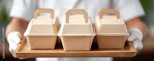 Three eco-friendly takeaway boxes with handles are presented on a wooden tray by a person wearing white gloves.