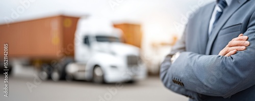A businessman in a suit stands with arms crossed in front of a blurred cargo truck and container.