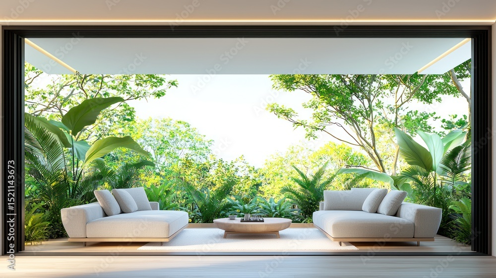 Fototapeta premium Modern patio with sofas and lush tropical garden view