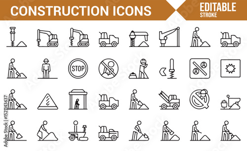 Simple Icons Representing Construction Machinery, Tools, and Safety Symbols