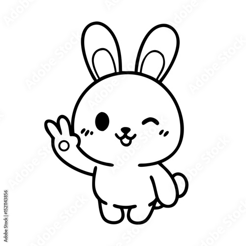 手を振るかわいいうさぎ – チビスタイルの線画アイコン

