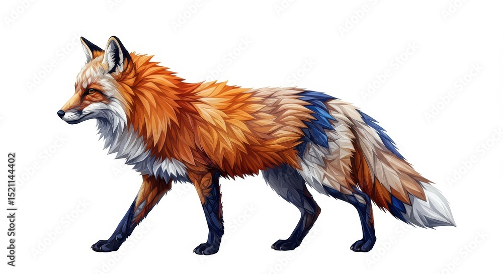 Fototapeta premium Fox with orange and blue fur walking on white background