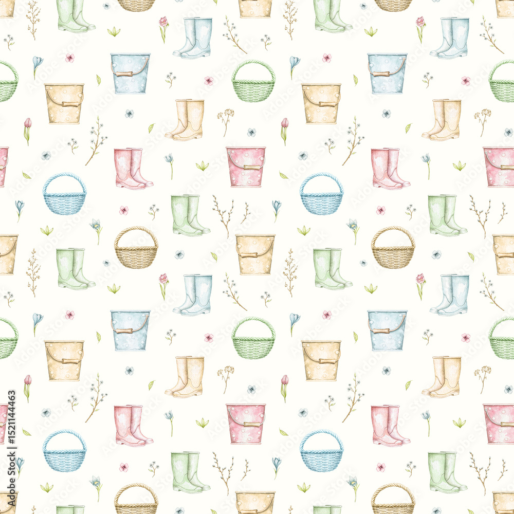 Seamless pattern with multicolor wicker baskets, buckets, rubber boots, twigs and flowers isolated on beige background. Watercolor hand drawn illustration Seamless pattern with multicolor wicker baskets, buckets, rubber boots, twigs and flowers isolated on beige background. Watercolor hand drawn illustration