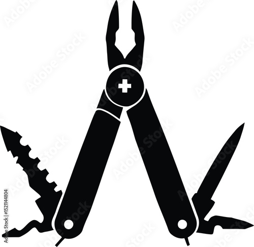 Multi-Tool Silhouette Symbol Set Featuring an Open Compact Device with Pliers, a Serrated Blade, a Straight Blade, and a Central Pivot Joint with a Cross Symbol—Representing Versatility, Utility, 