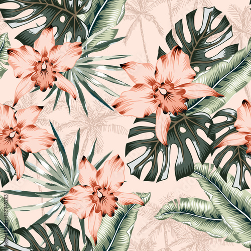 Tropical pink orchid flowers, green leaves, palm trees silhouettes, blush background. Vector seamless pattern. Floral illustration. Exotic plants. Summer beach design. Paradise nature