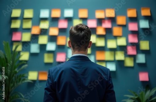 Male businessman stands with his back and looks at colorful sticky notes on board. Concept of brainstorming, decision making, choosing right option