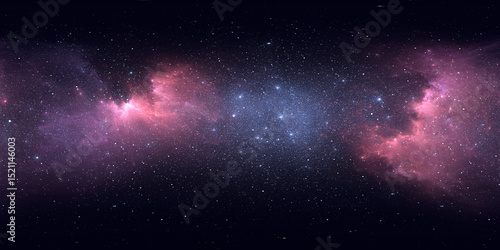 360 degree space nebula. Giant interstellar cloud with stars, equirectangular projection, environment map. Spherical panorama. 3D rendering, Fractal image