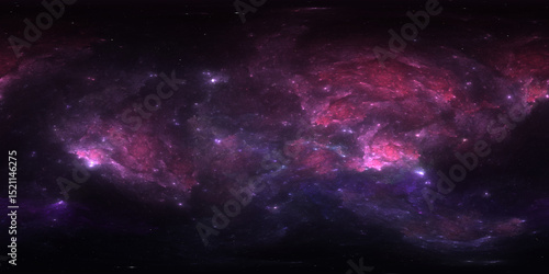 Fototapeta Naklejka Na Ścianę i Meble -  360 degree space nebula. Giant interstellar cloud with stars, equirectangular projection, environment map. Spherical panorama. 3D rendering, Fractal image
