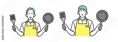 シンプル　イラスト　家事代行サービスの男性と女性 人物セット