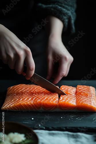Chief hands cut salmon fillet with knife on wooden table at kitchen. Raw salmon fillet for Japanese foods. Ingredients for cooking. Healthy nutrition diet