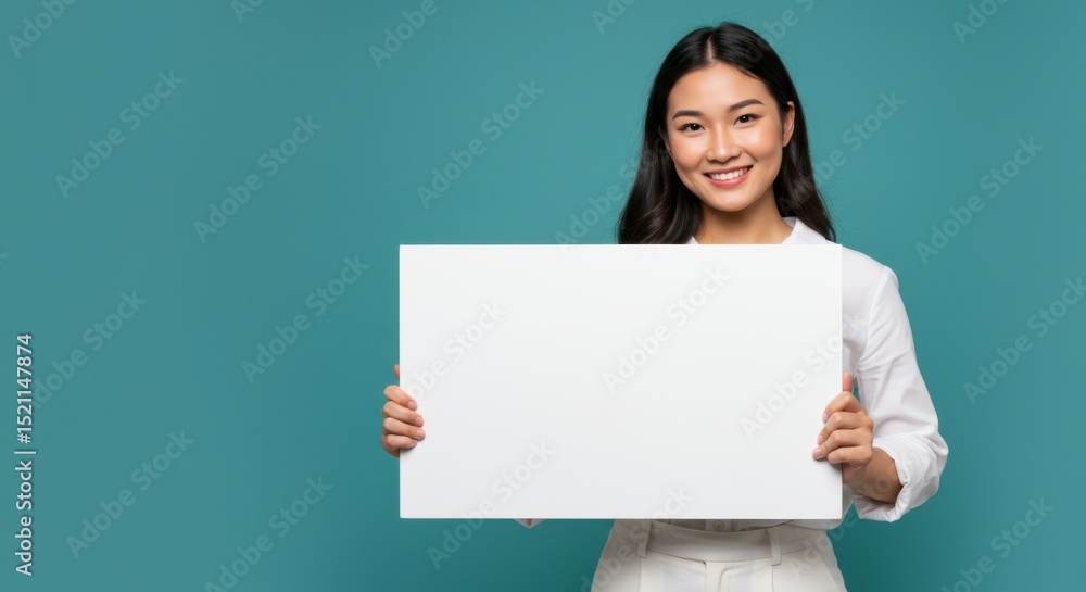 Smiling woman holding blank sign studio portrait photography calm environment eye-level view personal branding opportunity Smiling woman holding blank sign studio portrait photography calm environment eye-level view personal branding opportunity