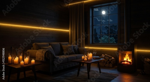 Wallpaper Mural Cozy Cabin Interior with Candles, Fireplace, and Moonlit Night View Torontodigital.ca
