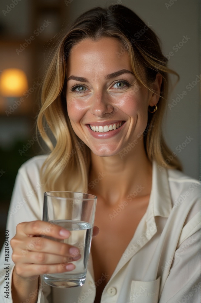 A smiling woman holds a glass of water, simple and refreshing moment A smiling woman holds a glass of water, simple and refreshing moment