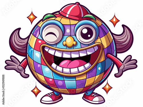 Vector cartoon illustration of a groovy Valentine disco ball character sparkling at a retro dance party perfect for romantic designs, party merch, and funky decor