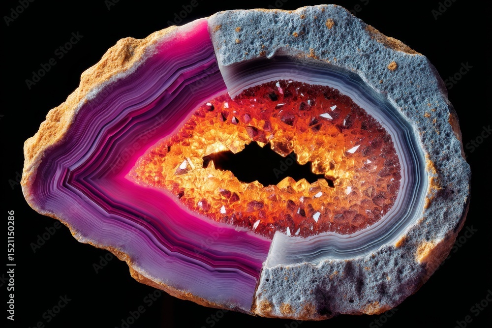 Fototapeta premium Semiprecious agate slice with dramatic crystal interior and sharp color bands in geological cross-section
