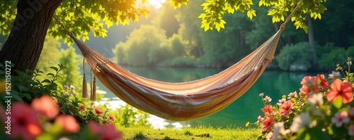 Sun-drenched hammock sways gently in a balmy breeze, surrounded by lush greenery and vibrant flowers Perfect for a lazy summer afternoon's rest , holiday, calm, peaceful