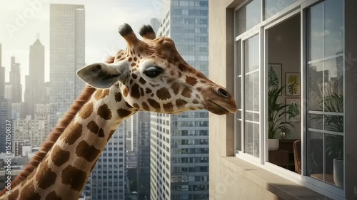 Giraffe peering into a modern apartment window amidst a bustling city skyline backdrop