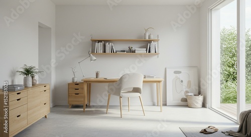 Minimalist Home Office with Wooden Desk  Chair  and Natural Light from Window