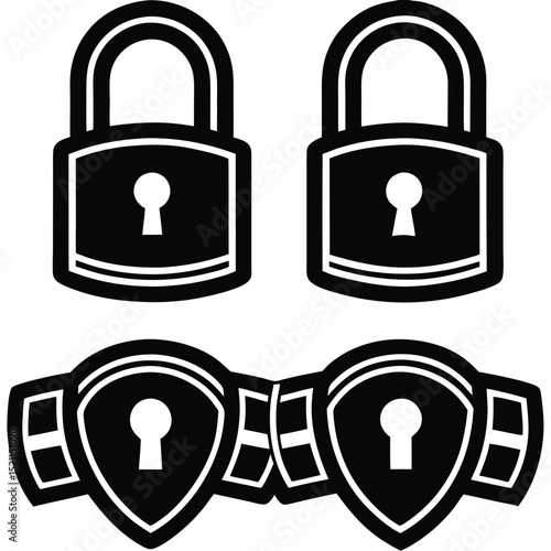 Security Icons Padlocks and Shield Locks in Black and White Design