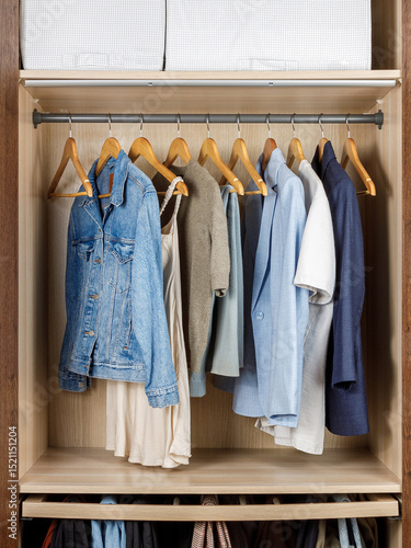 A spacious closet filled with clothes on wooden hangers