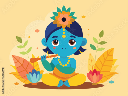 Cute Cartoon Illustration of Lord Krishna Playing Flute with Floral Background