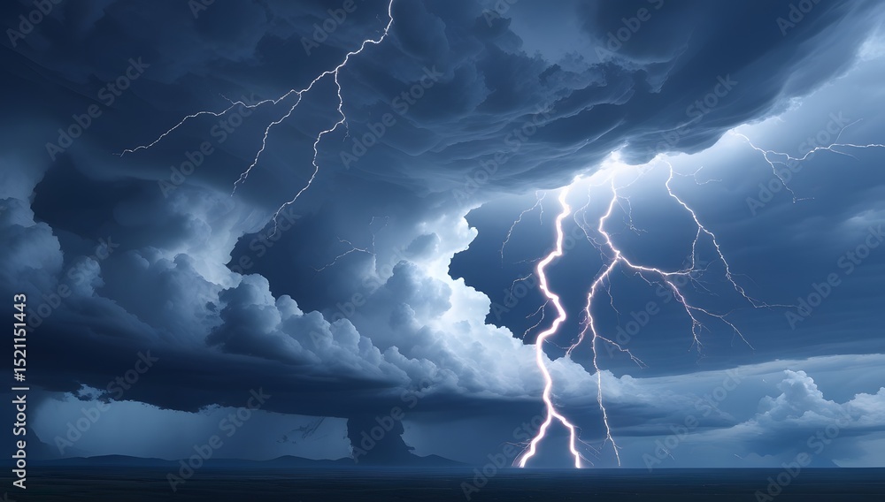 Naklejka premium Dramatic lightning storm over a dark landscape with intense clouds