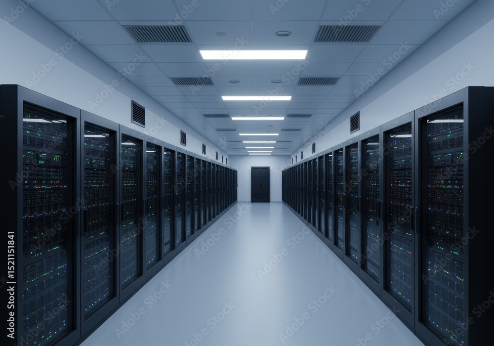 Fototapeta premium Modern data center with rows of servers, bright lighting, and a clean, organized environment