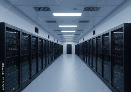 Modern data center with rows of servers  bright lighting  and a clean  organized environment