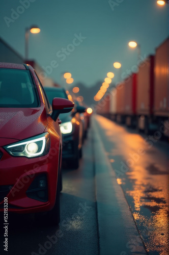 A red car drives down a street alongside a truck, everyday urban scene