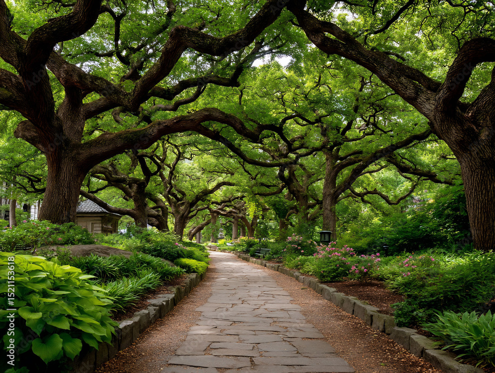 Fototapeta premium Lush parkway canopy sundappled path