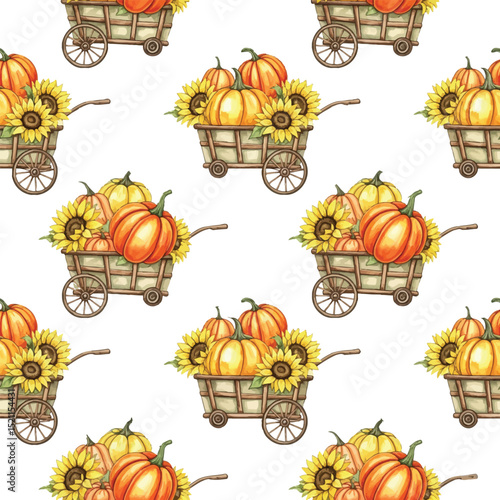 Autumn Harvest Wagon with Pumpkins and Sunflowers - Seamless Pattern