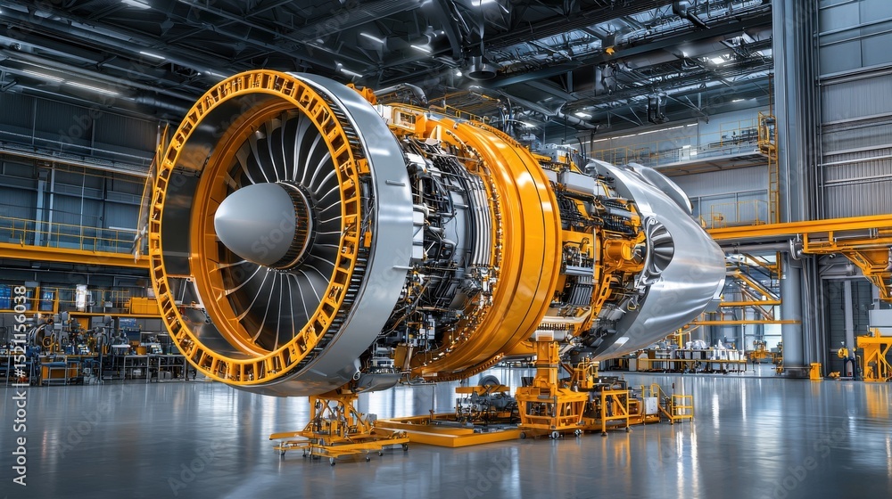 A massive orange wind turbine engine displayed in a large well lit industrial workshop showcasing the intricate mechanics and engineering involved in wind power technology A massive orange wind turbine engine displayed in a large well lit industrial workshop showcasing the intricate mechanics and engineering involved in wind power technology