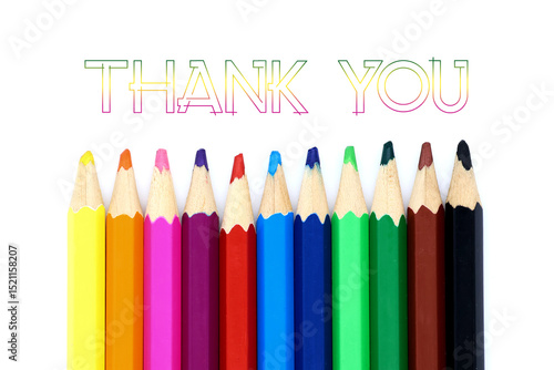 Colored pencils in a row isolated on a white background. Thank you card. End of school year concept.