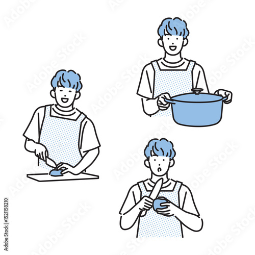 シンプル　イラスト　笑顔で料理をする男性 人物