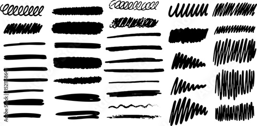 Hand-drawn scribbles and brush lines in black marker with different stroke styles on transparent background. Vector EPS 10
