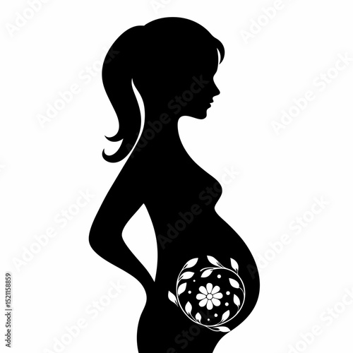 Silhouette of pregnant woman with flower design on belly maternity pregnancy childbirth baby shower art
