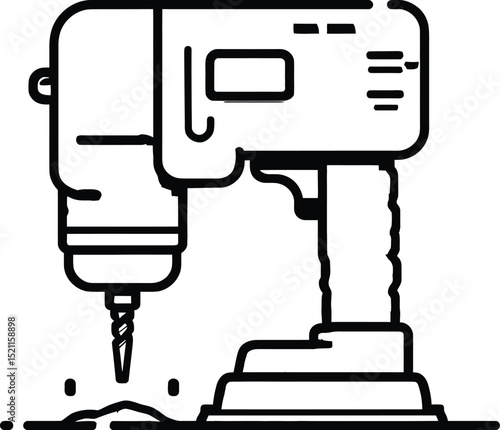 Outline Icon of a Power Drill with a Drilling Bit, Creating Debris, Symbolizing Construction or DIY Work