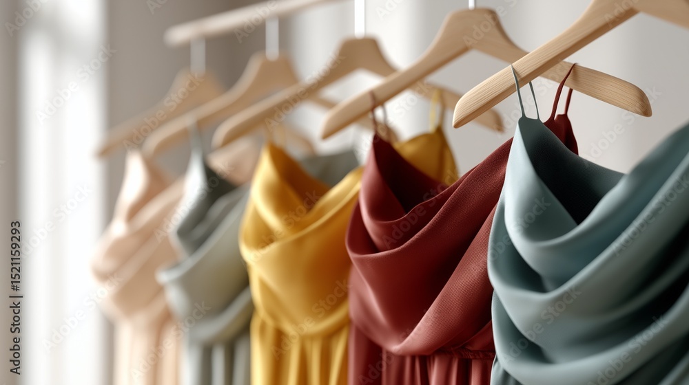 Fototapeta premium Soft, draped silk dresses in autumnal hues hang on wooden hangers.