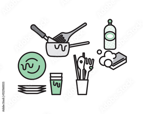 シンプル　イラスト　汚れた食器のベクターイラスト