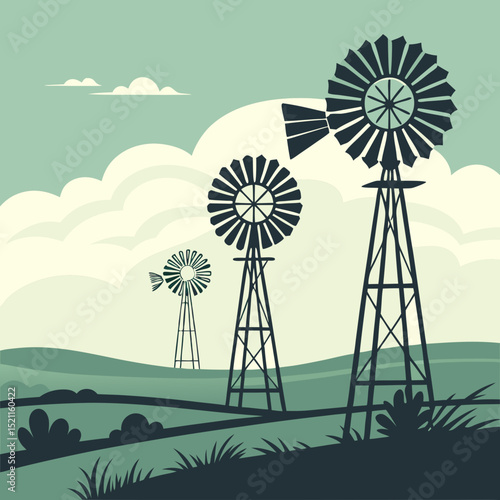 Vintage windmill illustration: scenic landscape with wind energy farm and retro farm windmills field