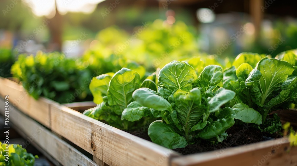 A lush green garden filled with rows of freshly grown lettuce and other leafy vegetables in a raised wooden planter box surrounded by a natural outdoor environment A lush green garden filled with rows of freshly grown lettuce and other leafy vegetables in a raised wooden planter box surrounded by a natural outdoor environment