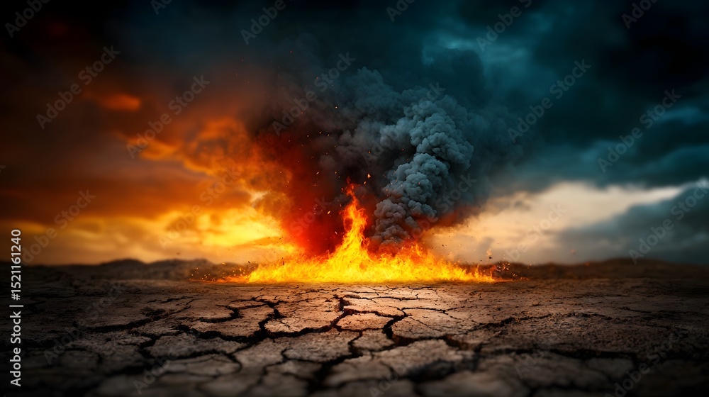 Fototapeta premium Dramatic flaming wildfire at dusk engulfs the landscape