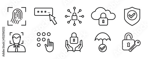Personal Access - thin line vector icon set. Pixel perfect. Editable stroke. The set contains icons: Security System, Digital Authentication, Data Protection, Padlock, Facial Recognition, Fingerprint.