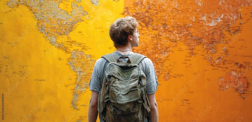 Obraz premium Man with backpack looks at world map